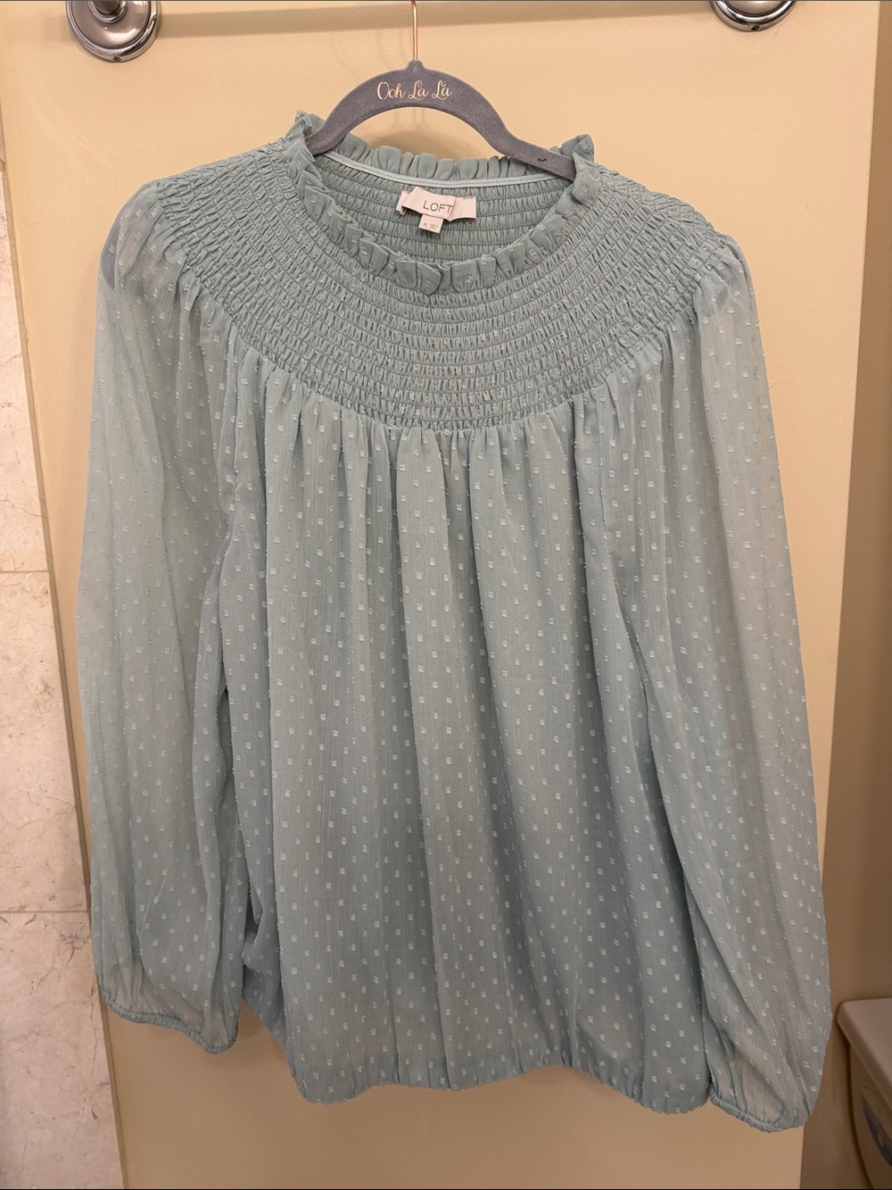 LOFT Pale Blue Smocked Yoke Ruffled Blouse